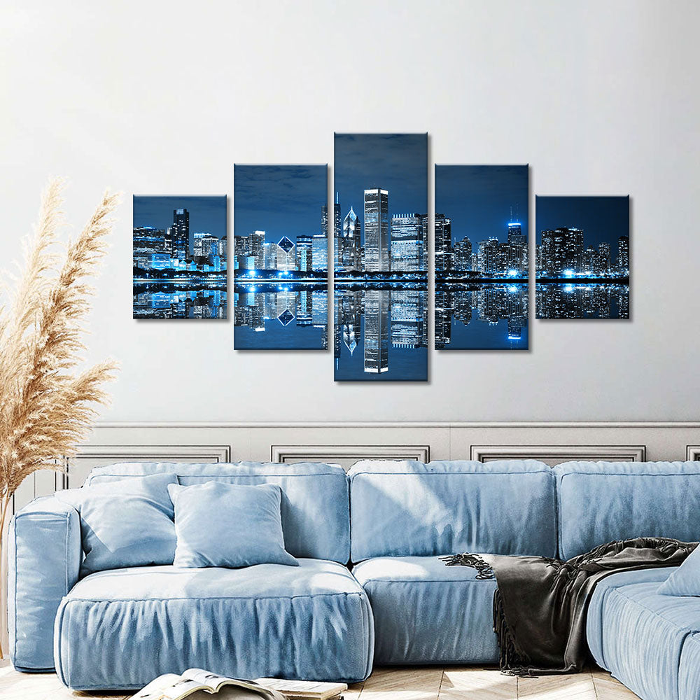 Chicago Skyline Night View Canvas Wall Art