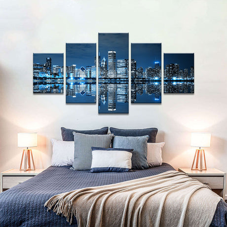 Chicago Skyline Night View Canvas Wall Art