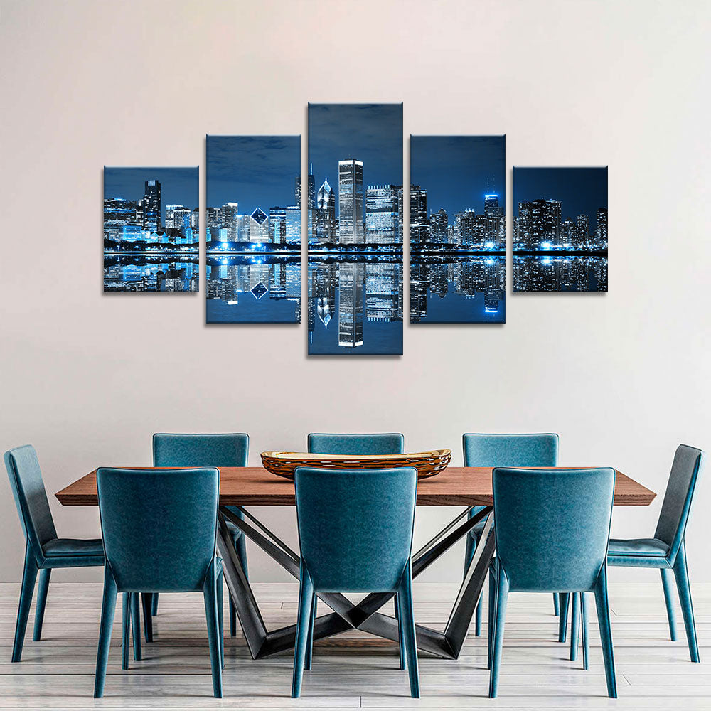 Chicago Skyline Night View Canvas Wall Art