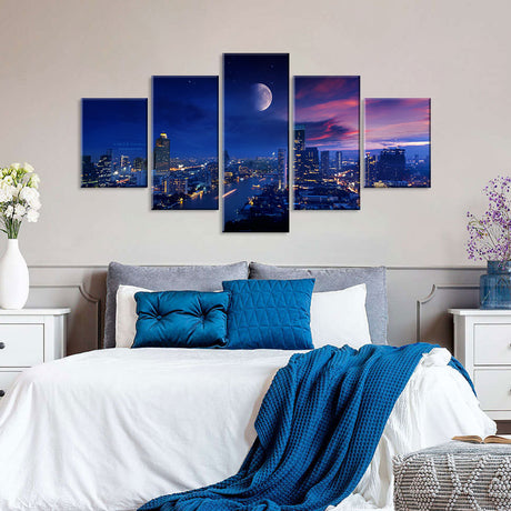 City Lights and Moon Vibrant Canvas Wall Art