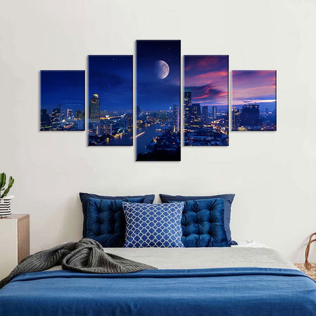 City Lights and Moon Vibrant Canvas Wall Art