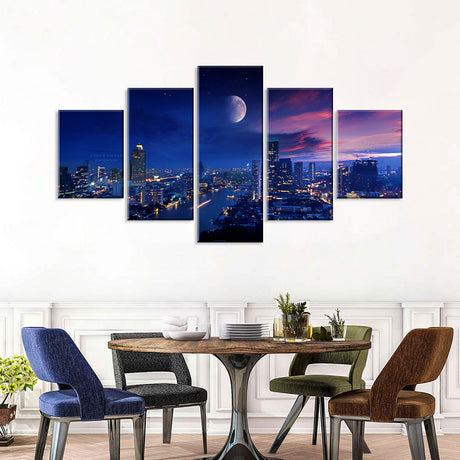 City Lights and Moon Vibrant Canvas Wall Art