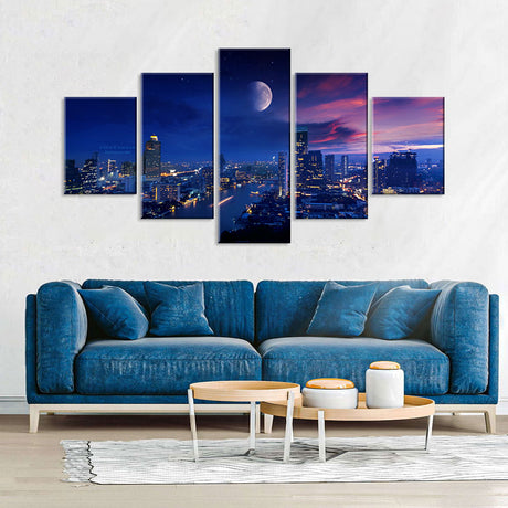 City Lights and Moon Vibrant Canvas Wall Art