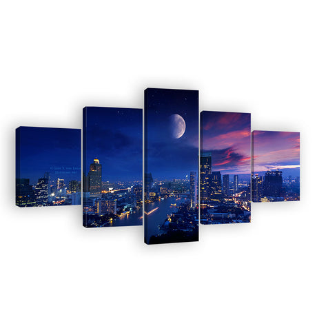 City Lights and Moon Vibrant Canvas Wall Art