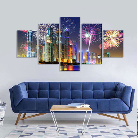 Colorful Fireworks in Dubai at Night Canvas Wall Art