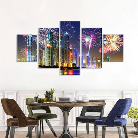 Colorful Fireworks in Dubai at Night Canvas Wall Art