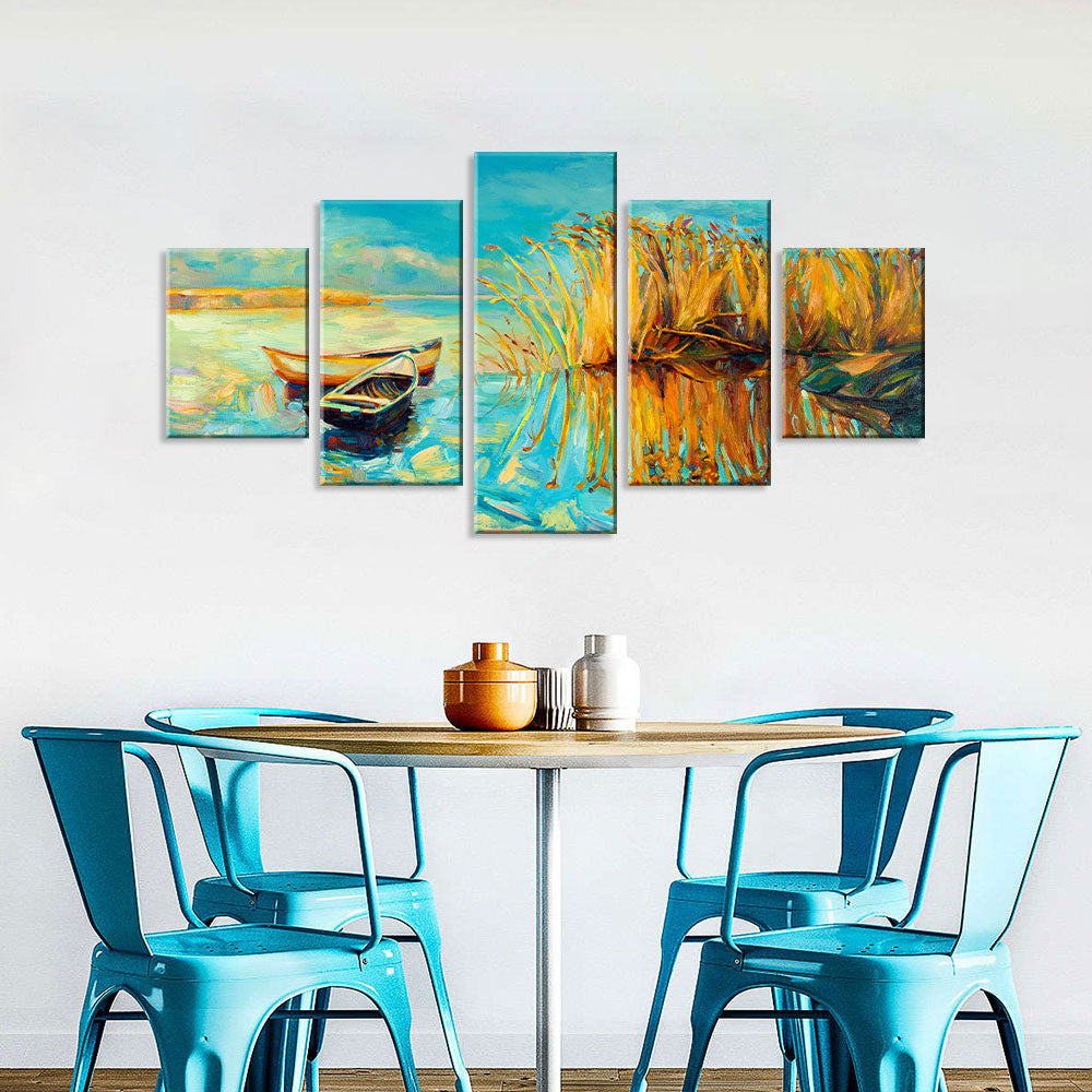 Colorful Lake with Boats Canvas Wall Art