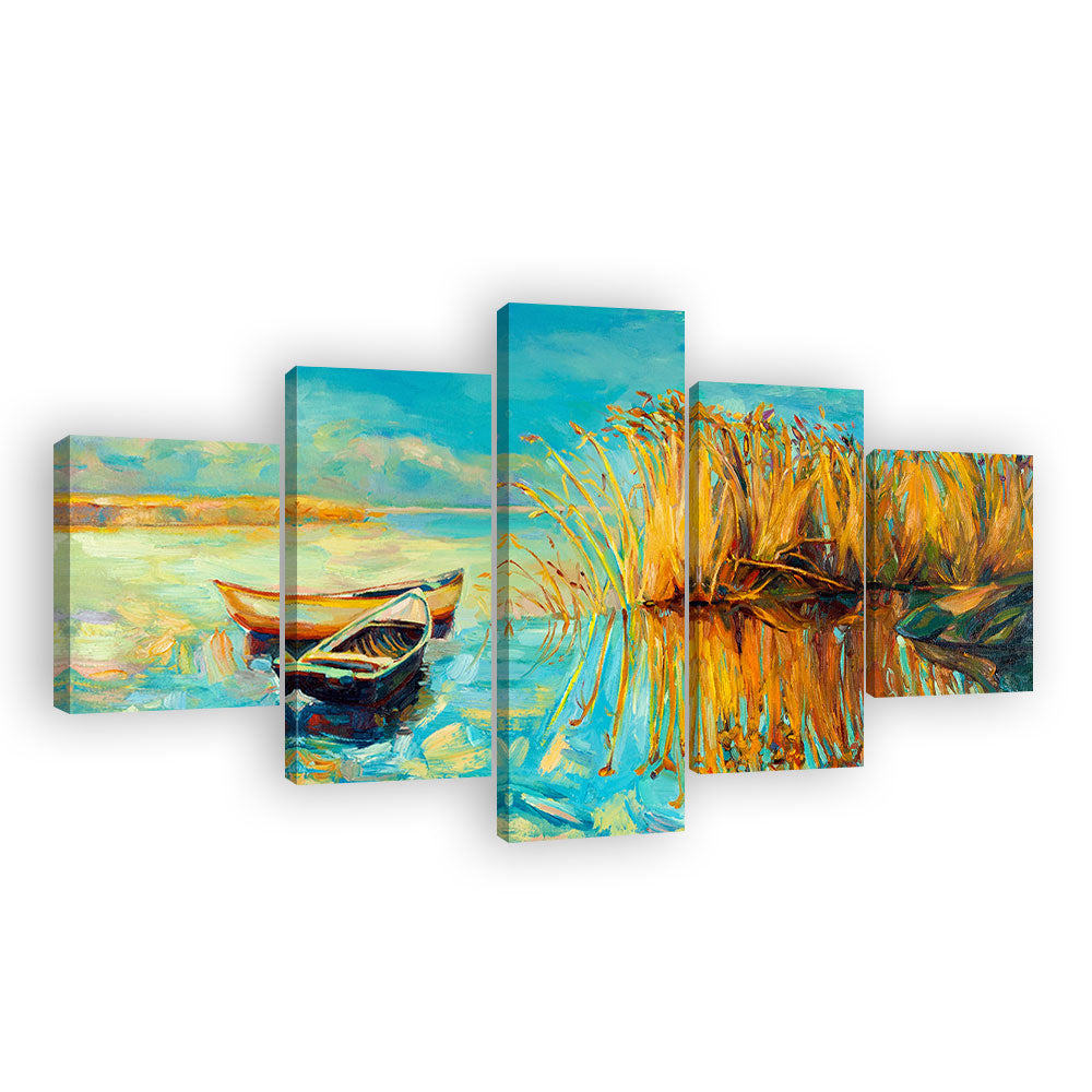 Colorful Lake with Boats Canvas Wall Art