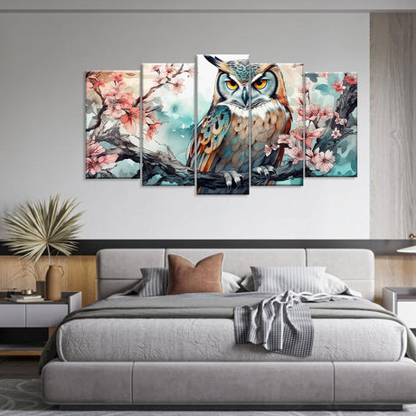 Elegant Owl & Cherry Blossom Canvas Wall Art