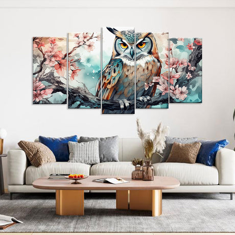 Elegant Owl & Cherry Blossom Canvas Wall Art