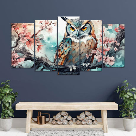 Elegant Owl & Cherry Blossom Canvas Wall Art