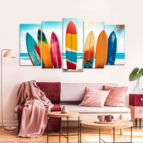 Colorful Surfboards on Beach Canvas Wall Art