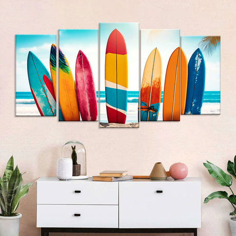 Colorful Surfboards on Beach Canvas Wall Art