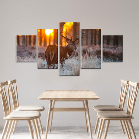 Deer Elk in Autumn Forest Sunset Canvas Wall Art