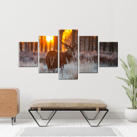 Deer Elk in Autumn Forest Sunset Canvas Wall Art