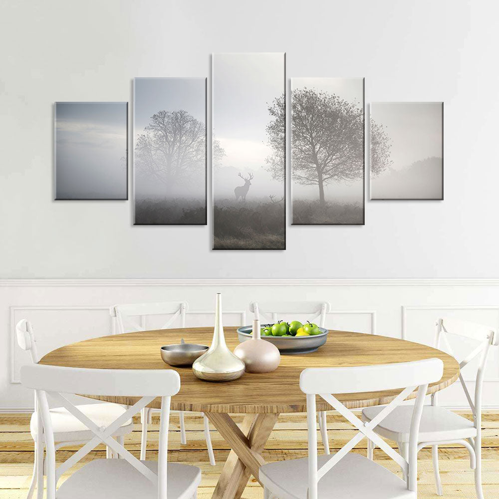 Deer In Foggy Forest Canvas Wall Art