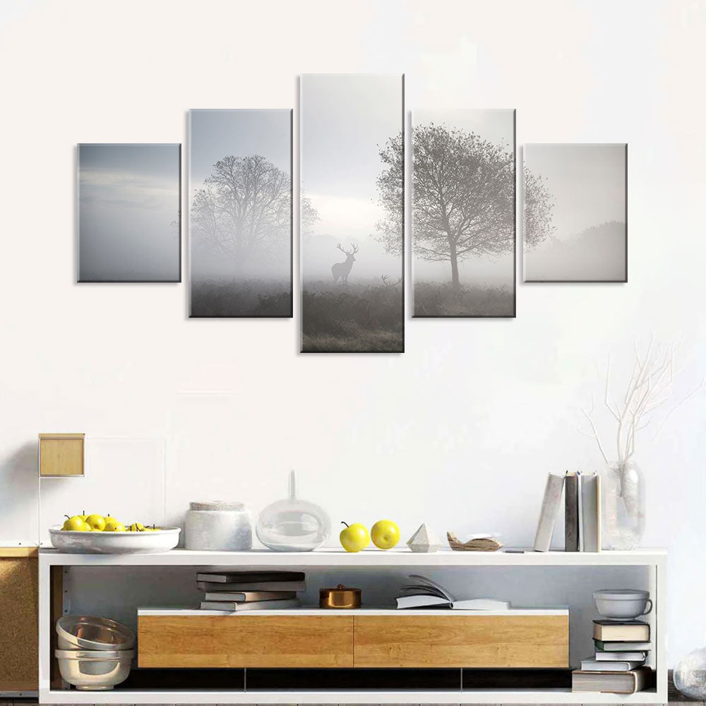 Deer In Foggy Forest Canvas Wall Art