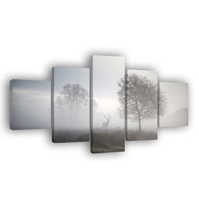 Deer In Foggy Forest Canvas Wall Art