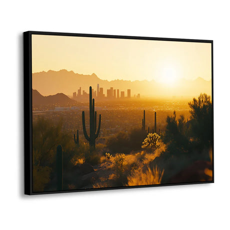 Desert Sunset Bliss: Cactus And Cityscape Canvas Wall Art