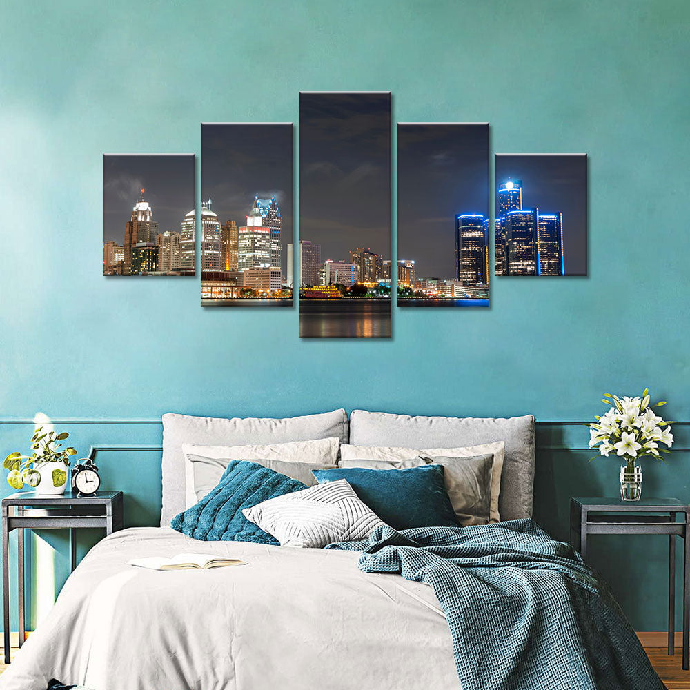 Detroit Skyline Night View Canvas Wall Art