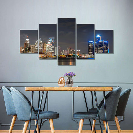 Detroit Skyline Night View Canvas Wall Art