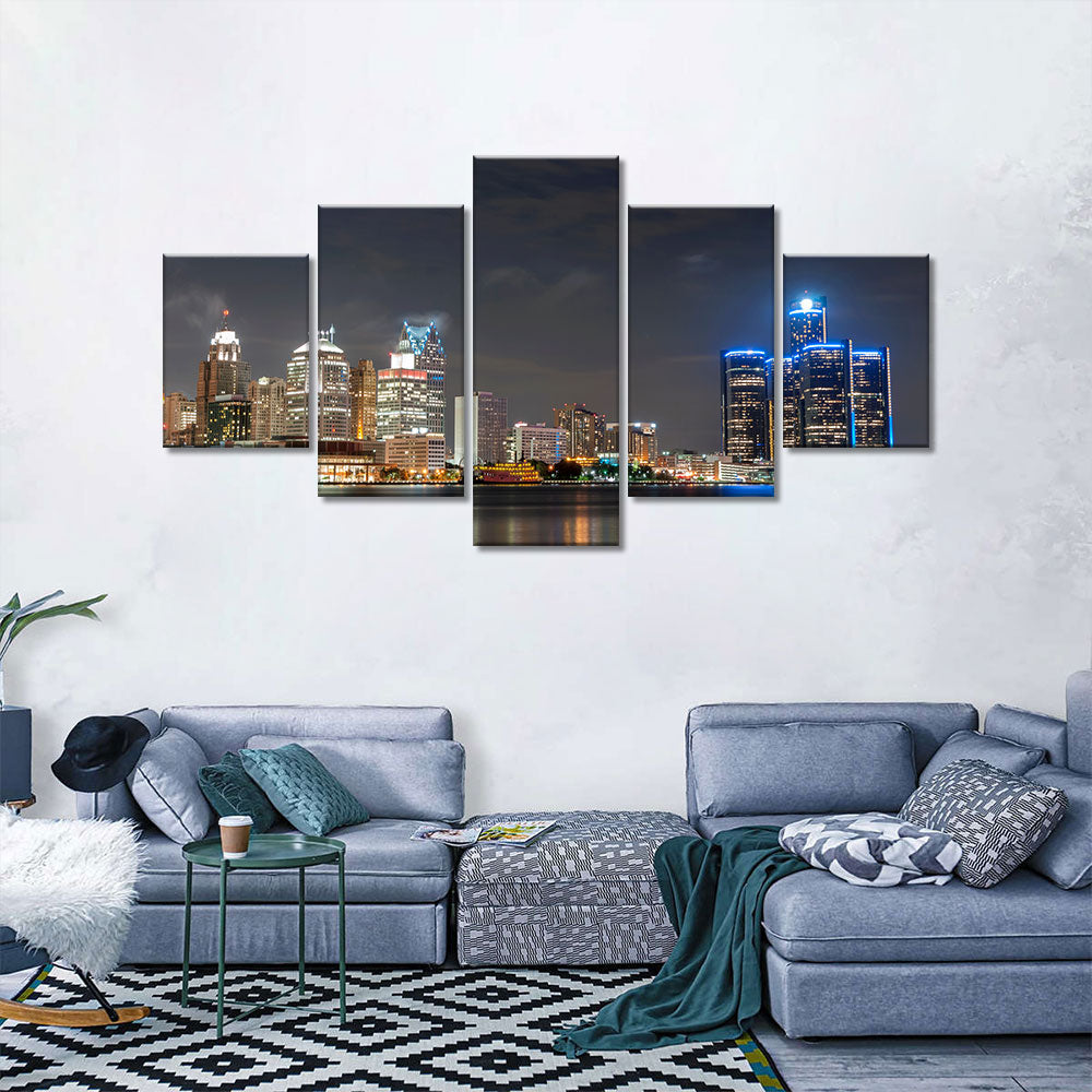 Detroit Skyline Night View Canvas Wall Art