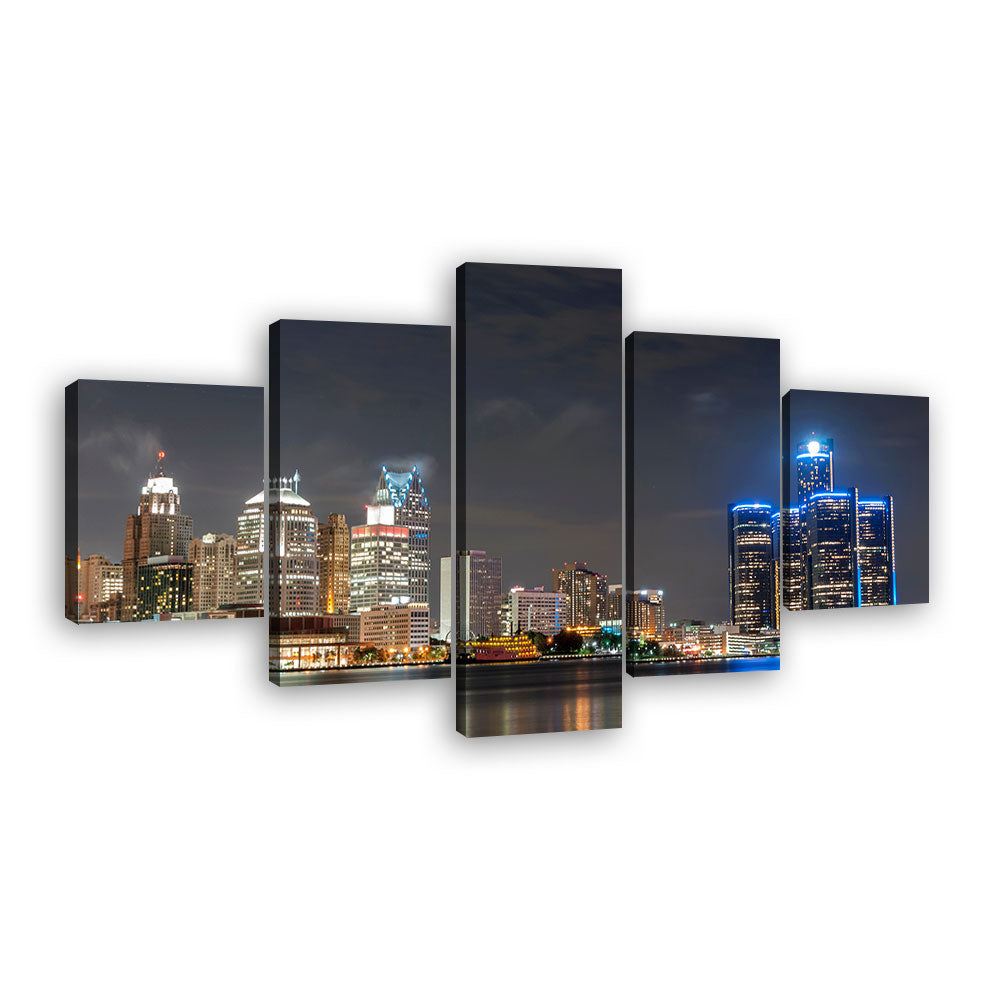 Detroit Skyline Night View Canvas Wall Art