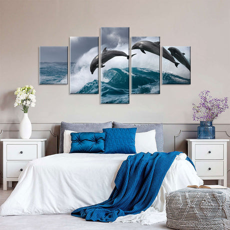 Dolphins Jumping Over Breaking Wave Canvas Wall Art