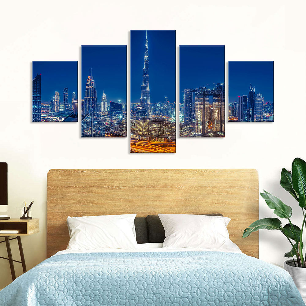 Dubai Skyscrapers and Marina Night View Canvas Wall Art