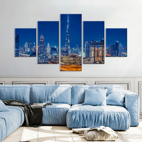 Dubai Skyscrapers and Marina Night View Canvas Wall Art