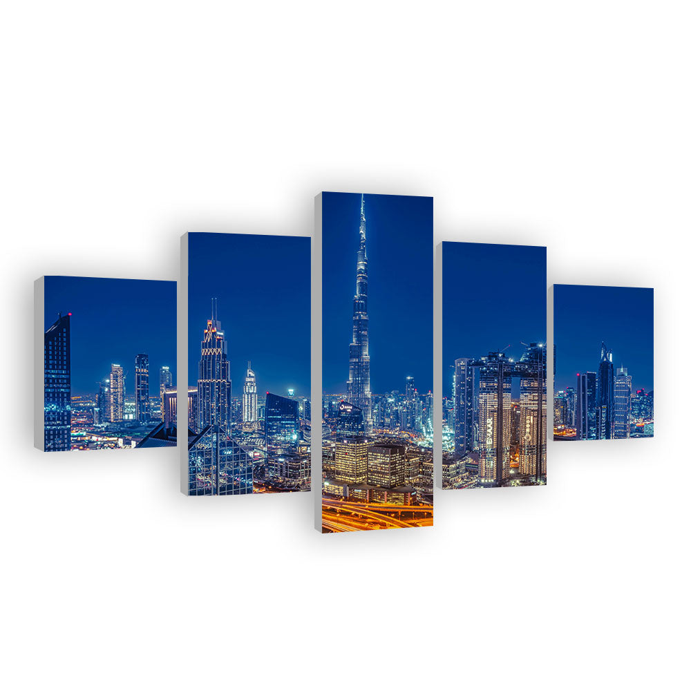 Dubai Skyscrapers and Marina Night View Canvas Wall Art