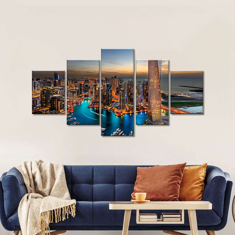 Dubai Skyscrapers and Marina Night View Canvas Wall Art