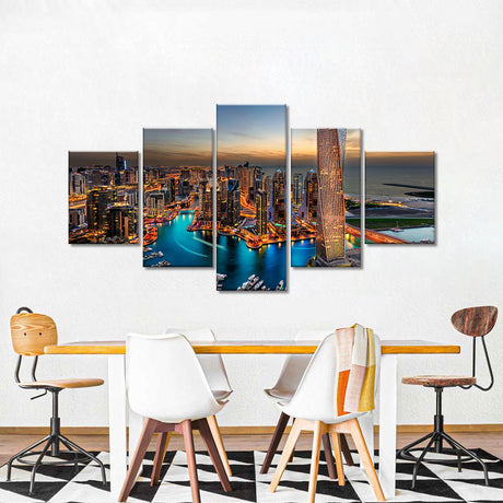 Dubai Skyscrapers and Marina Night View Canvas Wall Art