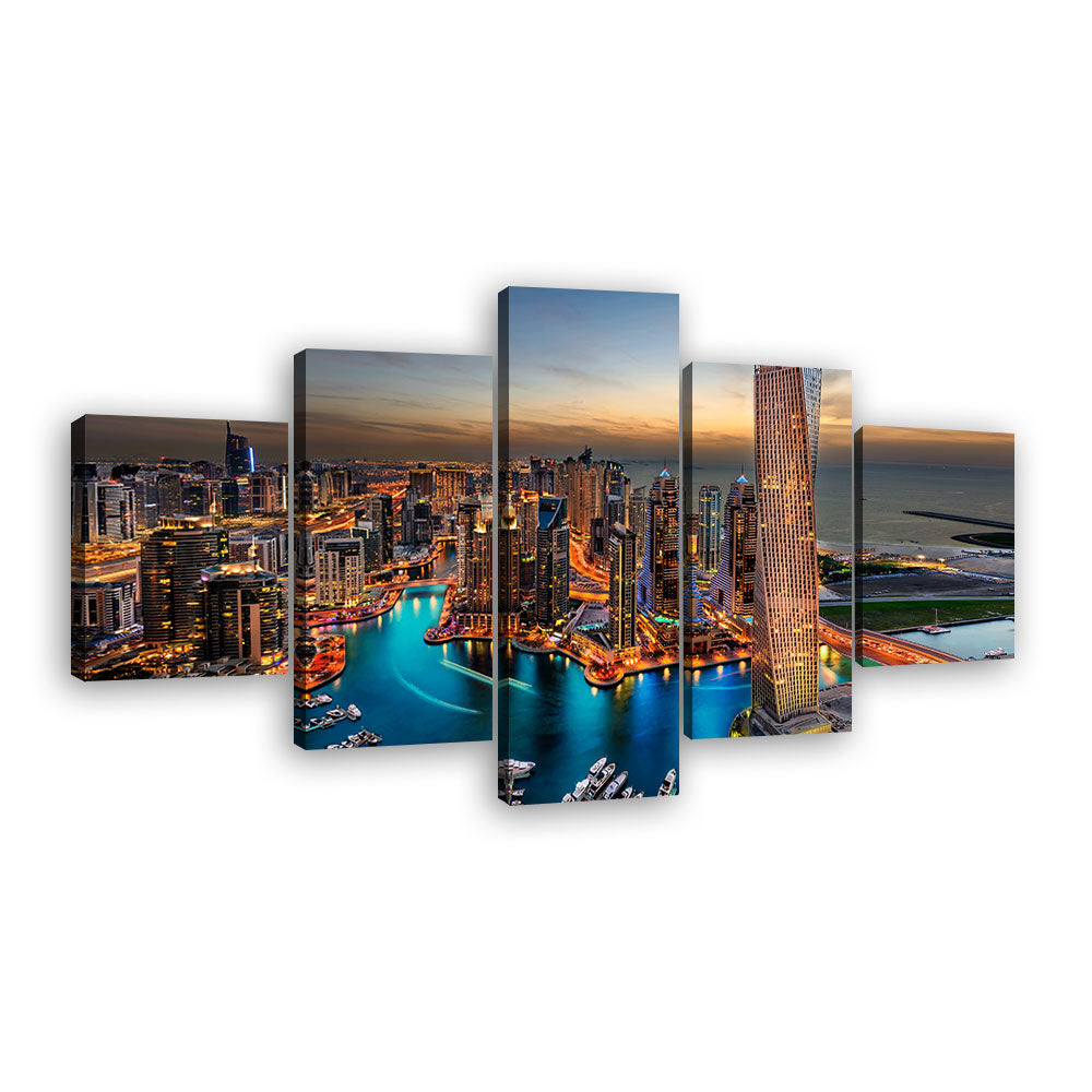 Dubai Skyscrapers and Marina Night View Canvas Wall Art