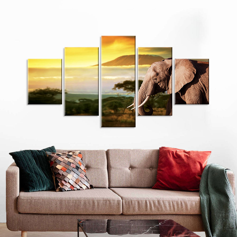 Elephant Walking in Front of Kilimanjaro Canvas Wall Art