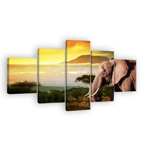 Elephant Walking in Front of Kilimanjaro Canvas Wall Art