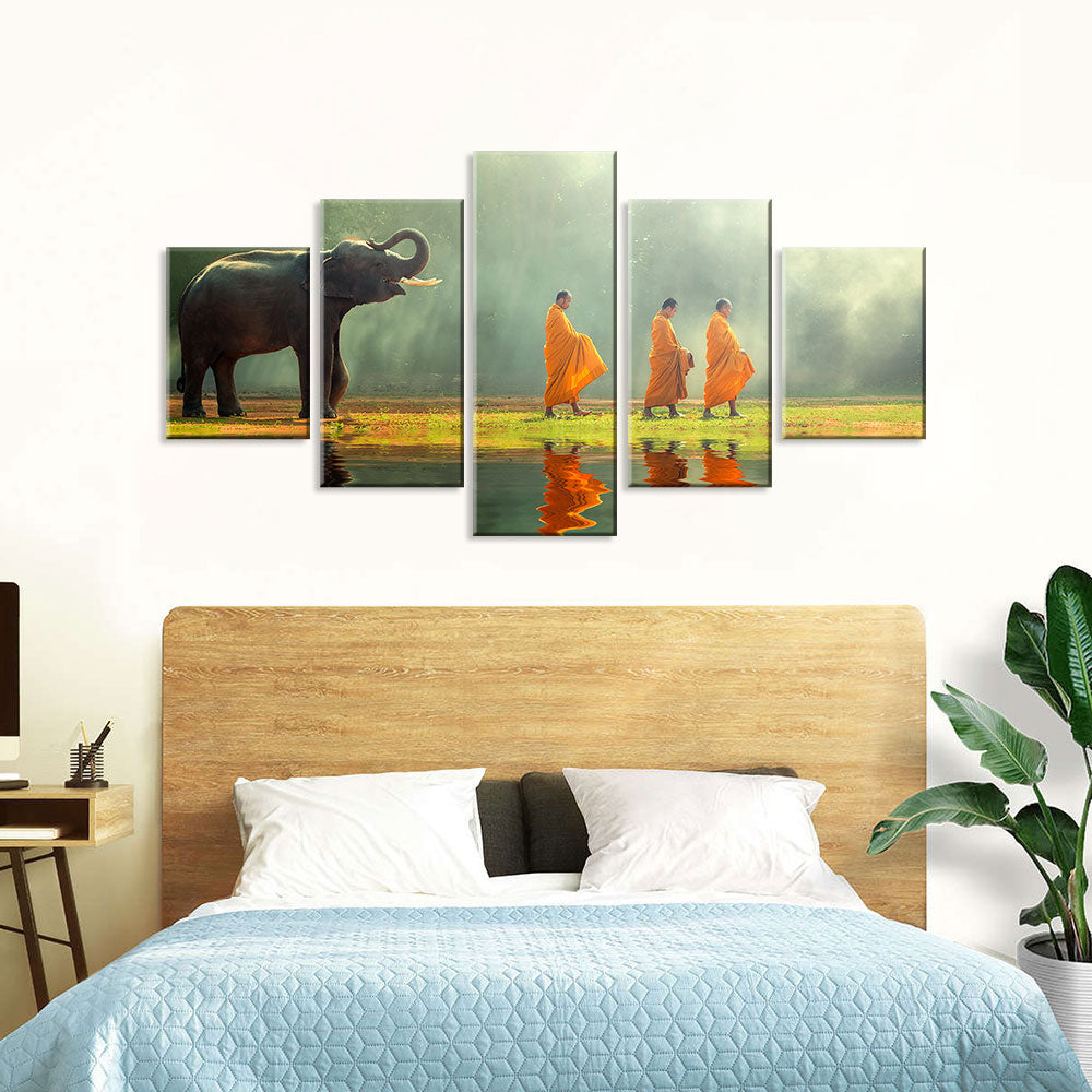 Elephant Walking with Monks Canvas Wall Art