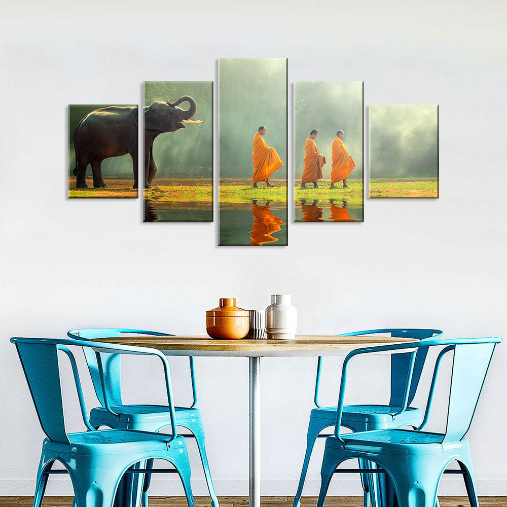 Elephant Walking with Monks Canvas Wall Art