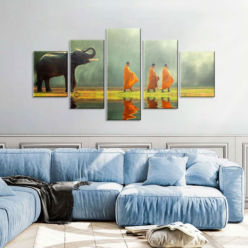 Elephant Walking with Monks Canvas Wall Art