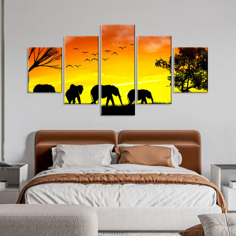 Elephants in Sunset Canvas Wall Art