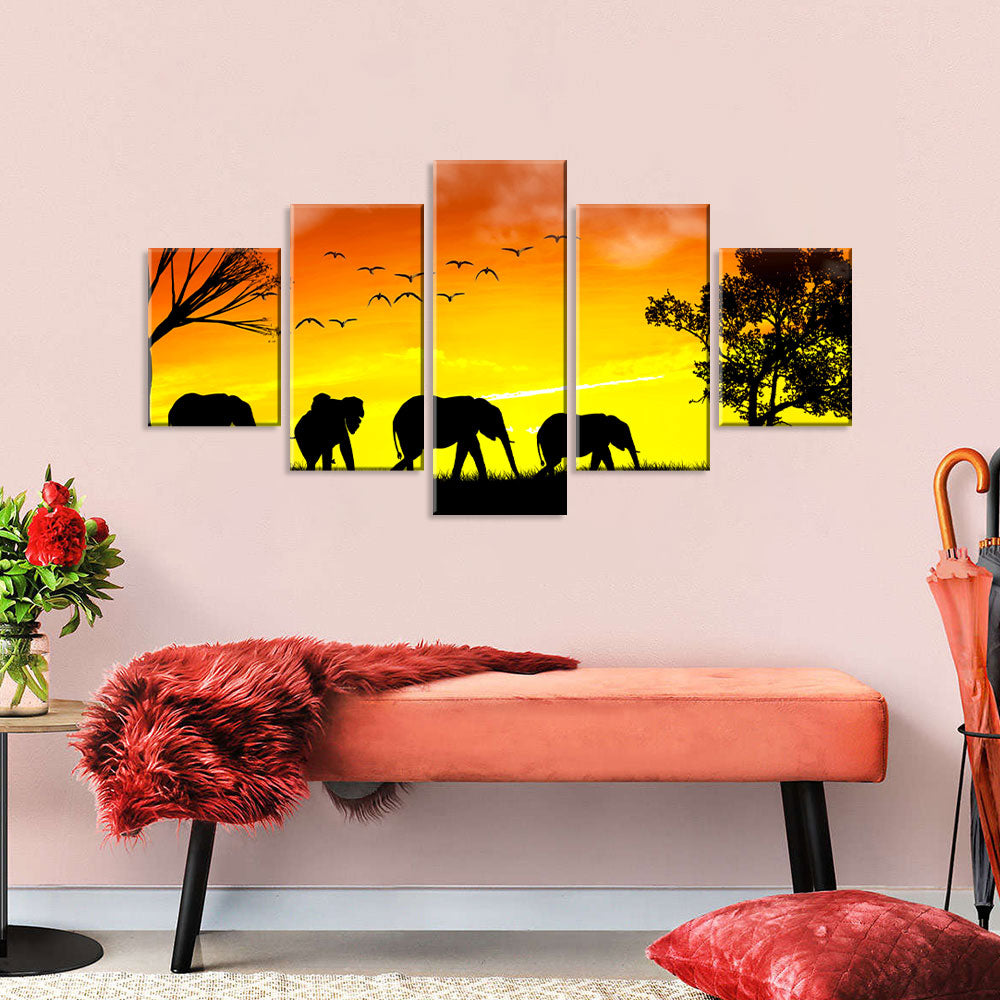 Elephants in Sunset Canvas Wall Art