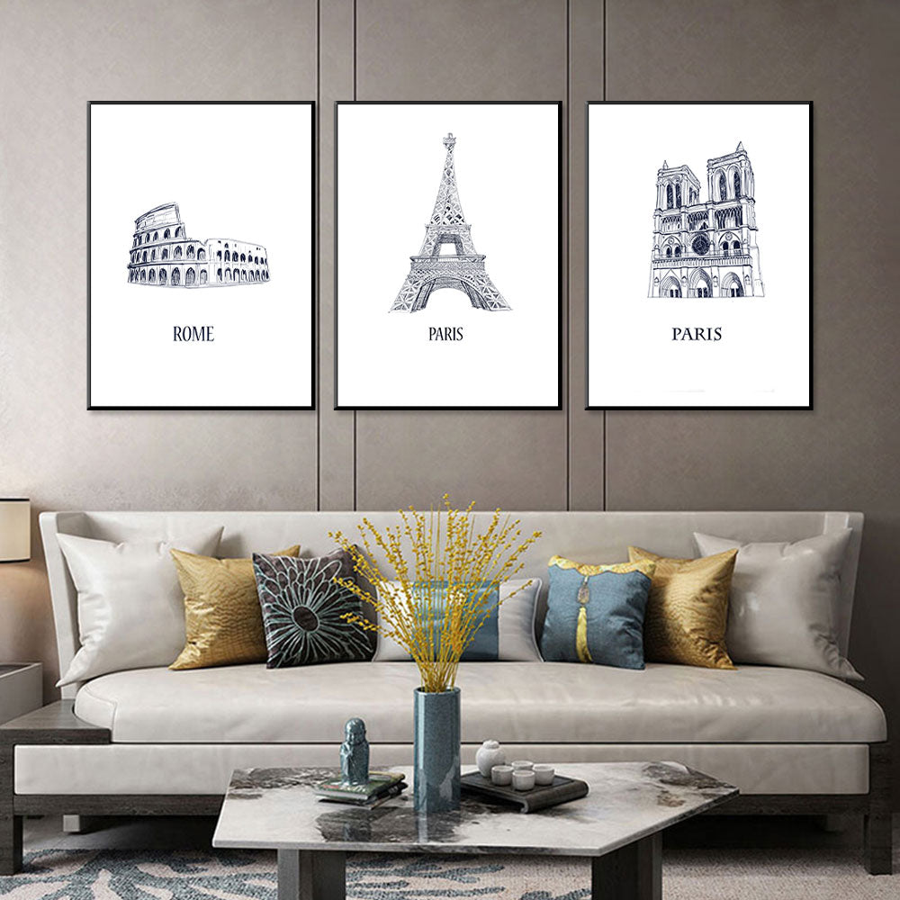 European Classics Rome Colosseum, Eiffel Tower, Notre-Dame 3-Piece Canvas Set