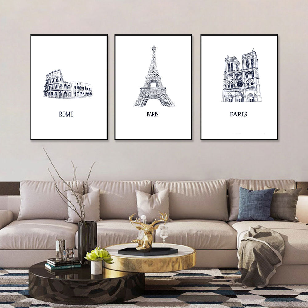 European Classics Rome Colosseum, Eiffel Tower, Notre-Dame 3-Piece Canvas Set