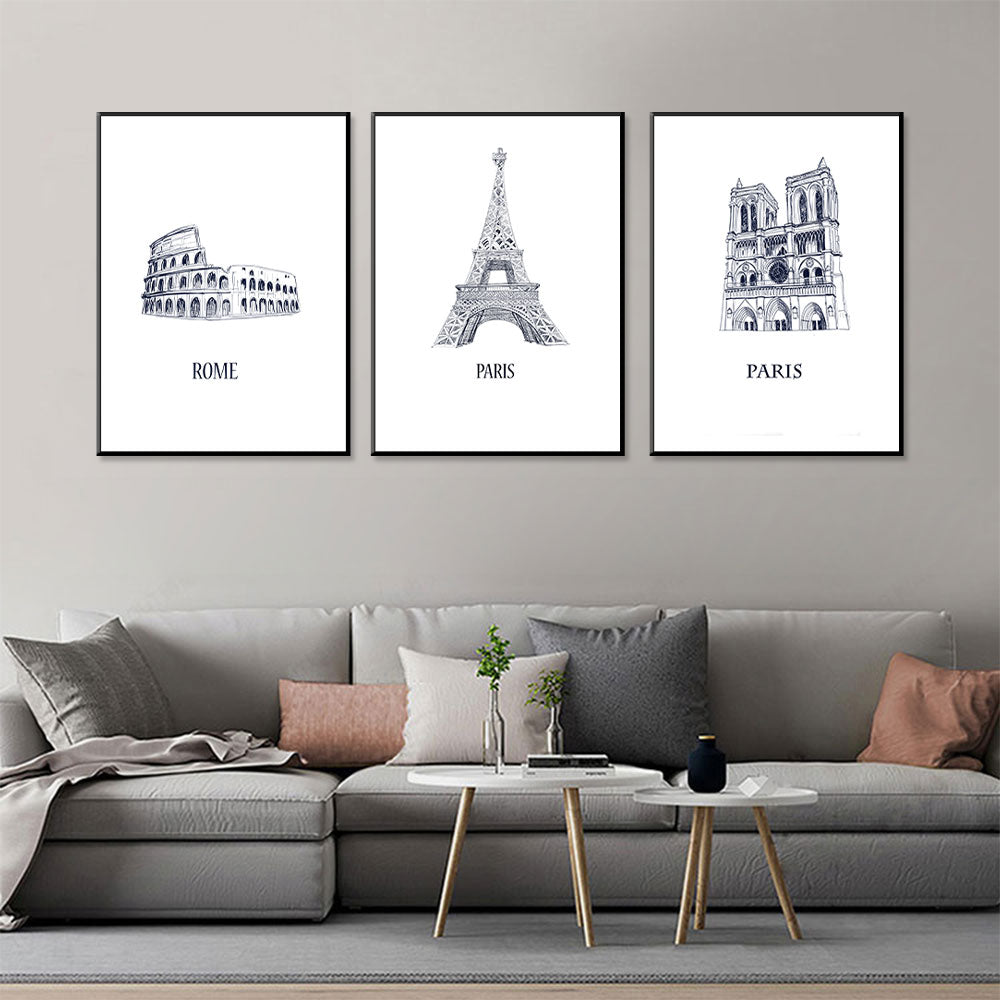 European Classics Rome Colosseum, Eiffel Tower, Notre-Dame 3-Piece Canvas Set