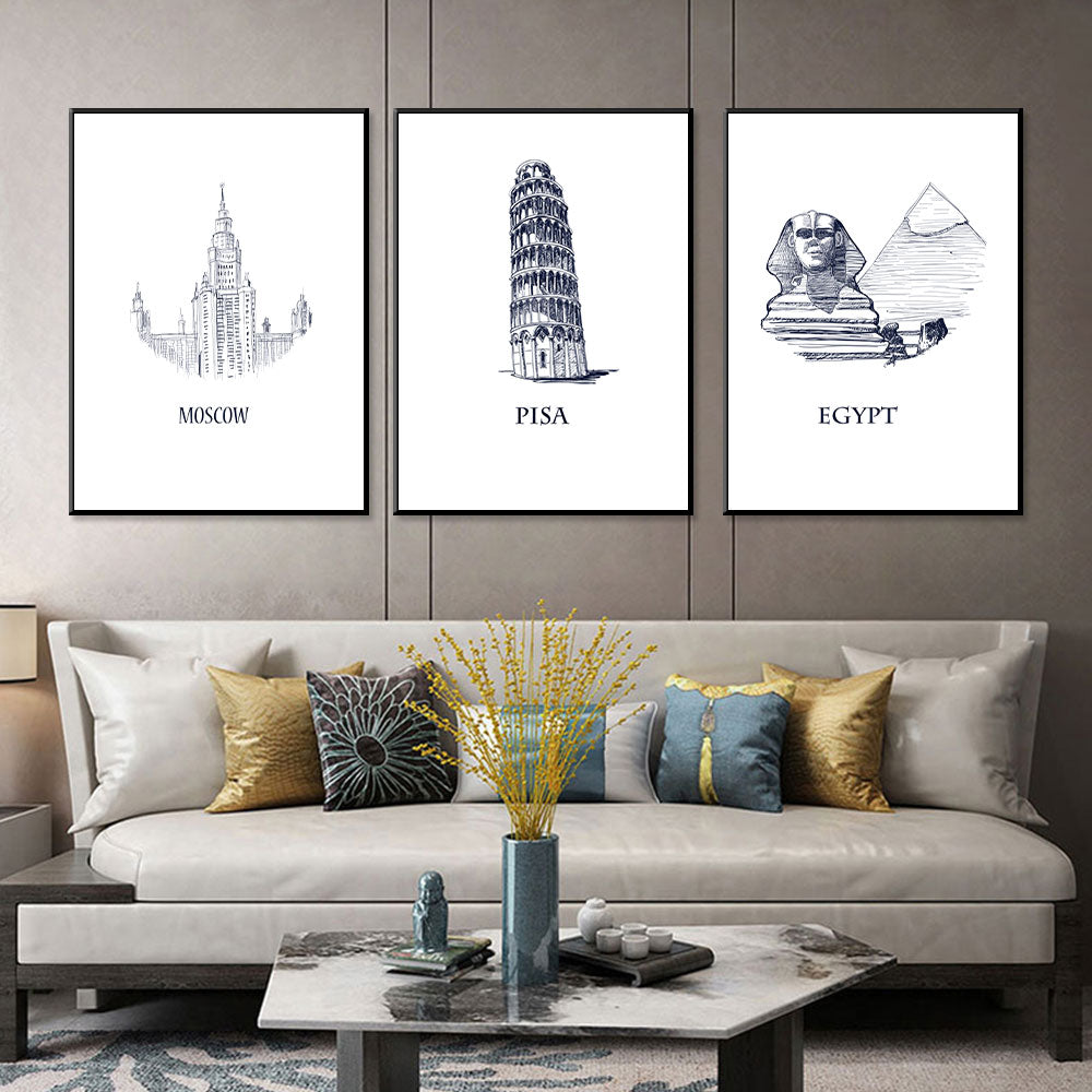 Global Icons Series Moscow, Pisa, Egypt 3-Piece Canvas Wall Art Set