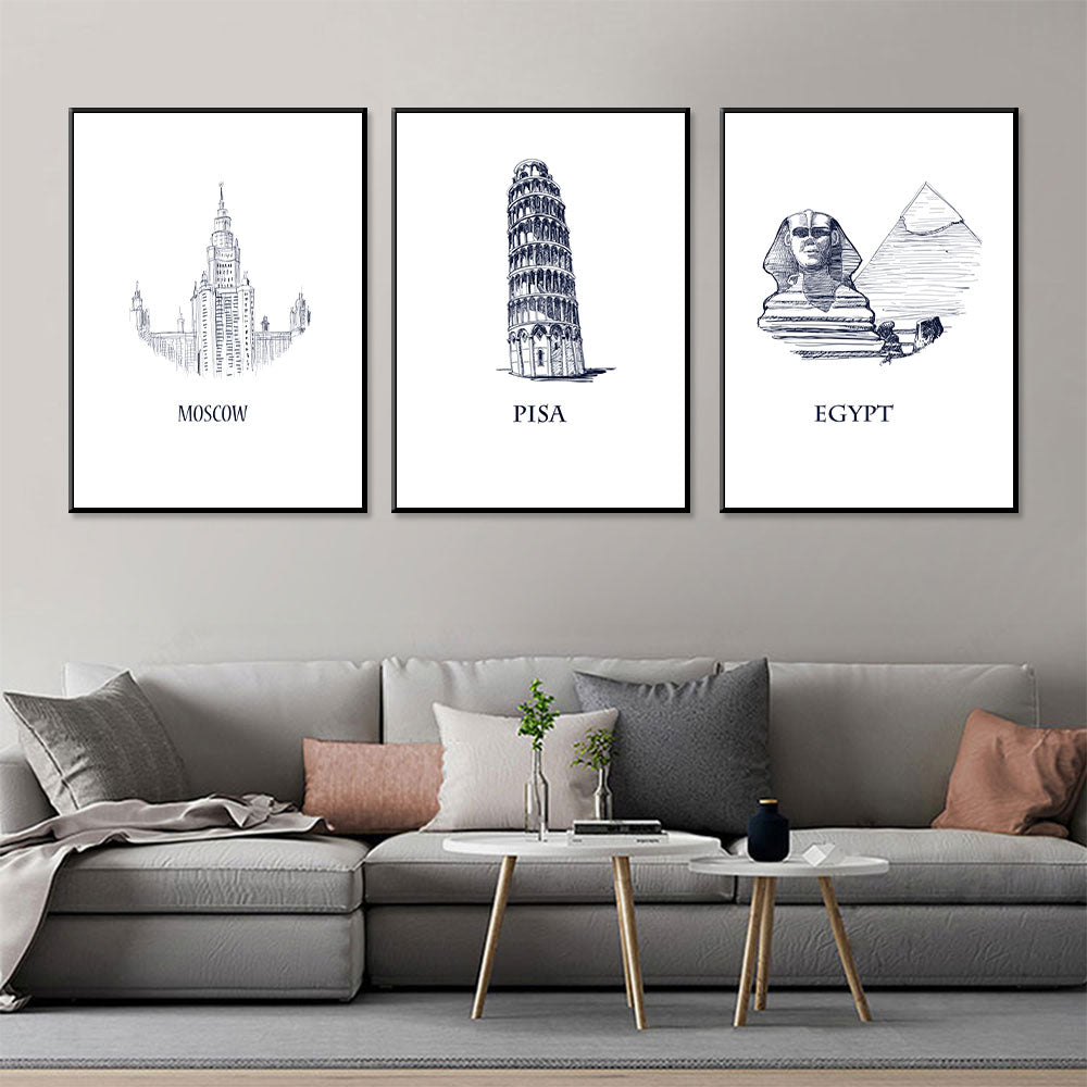 Global Icons Series Moscow, Pisa, Egypt 3-Piece Canvas Wall Art Set