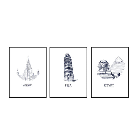 Global Icons Series Moscow, Pisa, Egypt 3-Piece Canvas Wall Art Set