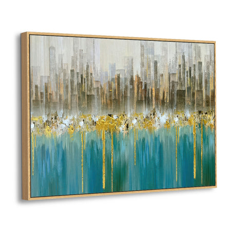 Gold & Teal Cityscape Canvas Wall Art – Elegant Modern Skyline
