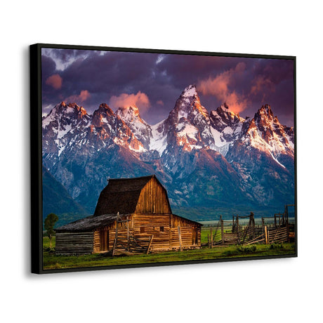 Grand Barn At The Foot Of Majestic Mountains Canvas Wall Art