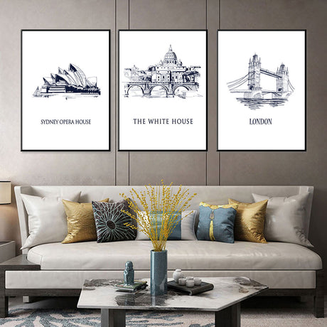 Iconic Capitals Sydney Opera House, The White House, London Bridge 3-Piece Canvas Set